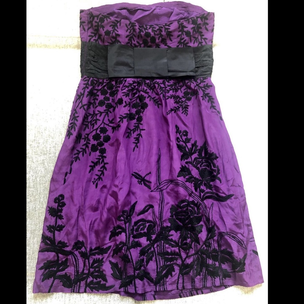 Tracy Reese purple silk black embroidered dress 12 Y2K 90s empire strapless